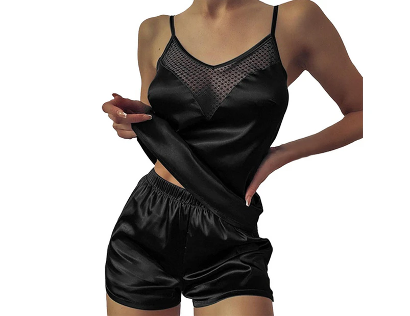 2 Pcs/Set Lady Pajamas Solid Color Stain Hollow Out See-though Underwear Set for Home-Black