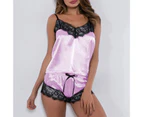 2 Pcs/Set Women Nightie Set V Neck Spaghetti Strap Lace Sleeveless Pajamas Set for Bedroom-Pink