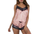 2 Pcs/Set Women Nightie Set V Neck Spaghetti Strap Lace Sleeveless Pajamas Set for Bedroom-Apricot