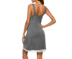 Women Nightdress Solid Color V Neck Lace Sleeveless Lady Nightgown for Summer-Grey
