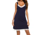 Women Nightdress Solid Color V Neck Lace Sleeveless Lady Nightgown for Summer-Navy Blue