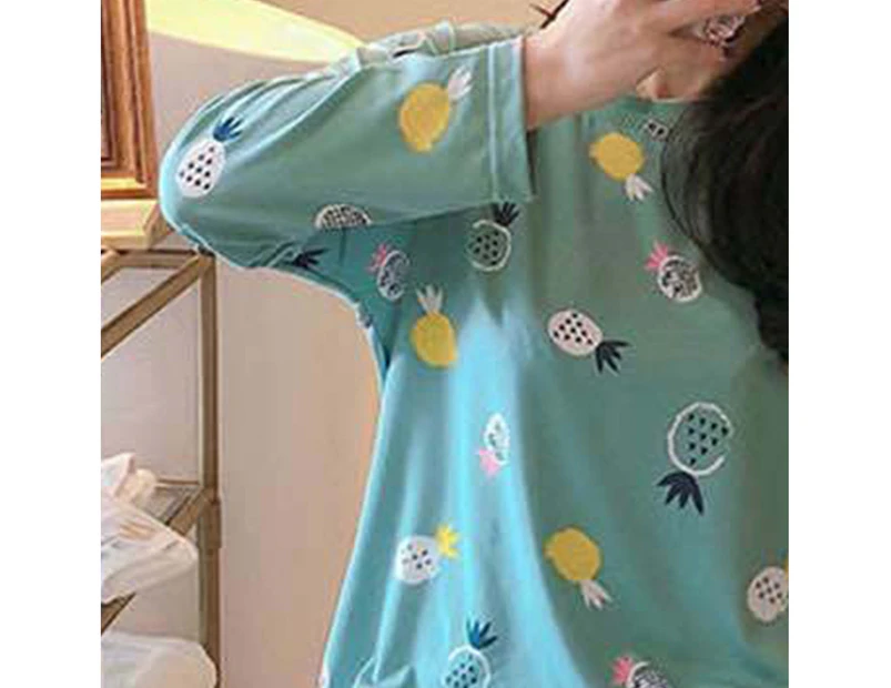 2Pcs/Set Women Pajamas Printing Breathable Polyester Female Soft Pajama Top with Long Pants for Daily Wear-Green