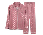 Lapel Elastic Waist Pajamas Set Two Piece Lady Dot Print Single-Breasted Blouse Pants Set for Home-Pink