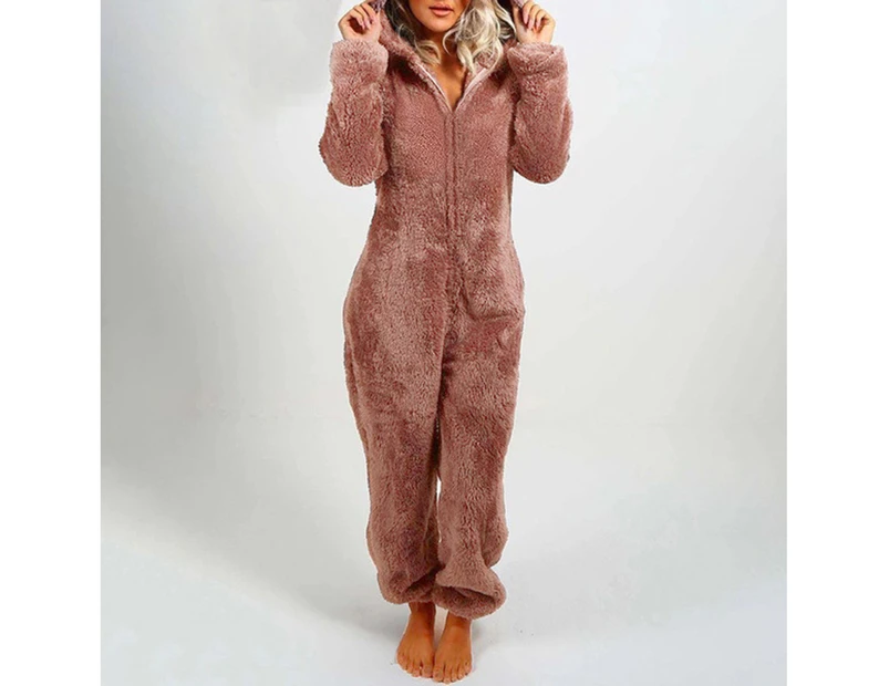Jumpsuits Pajamas Solid Color Keep Warm Plush Winter Long Sleeve Jumpsuits Pajamas for Women-Coffee