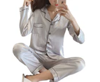 2 Pcs/Set Pajamas Suit Imitation Silk Single-breasted Cardigan Oversized Turn-down Collar Nighty Suit for Home-Grey