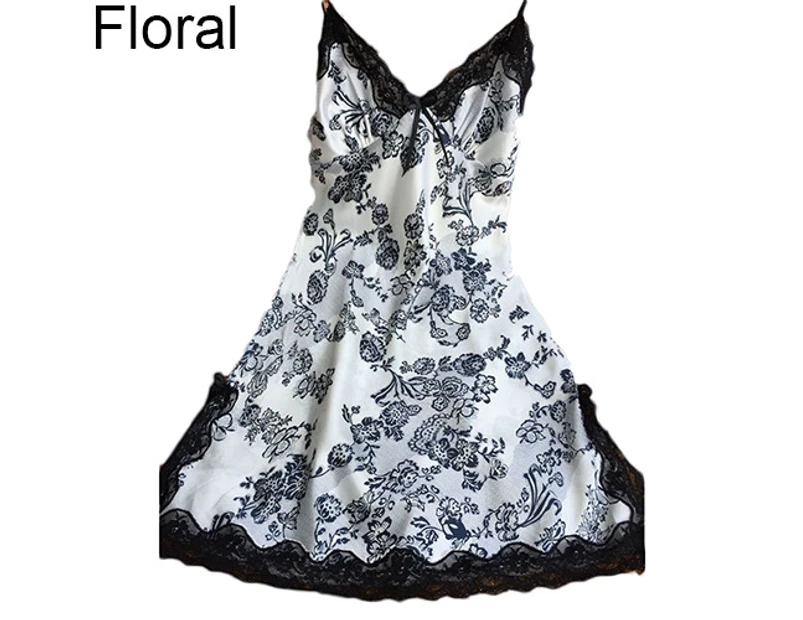 Women graceful Spaghetti Strap Lace Hem Dress Nightdress Nightwear Sleepwear-Floral