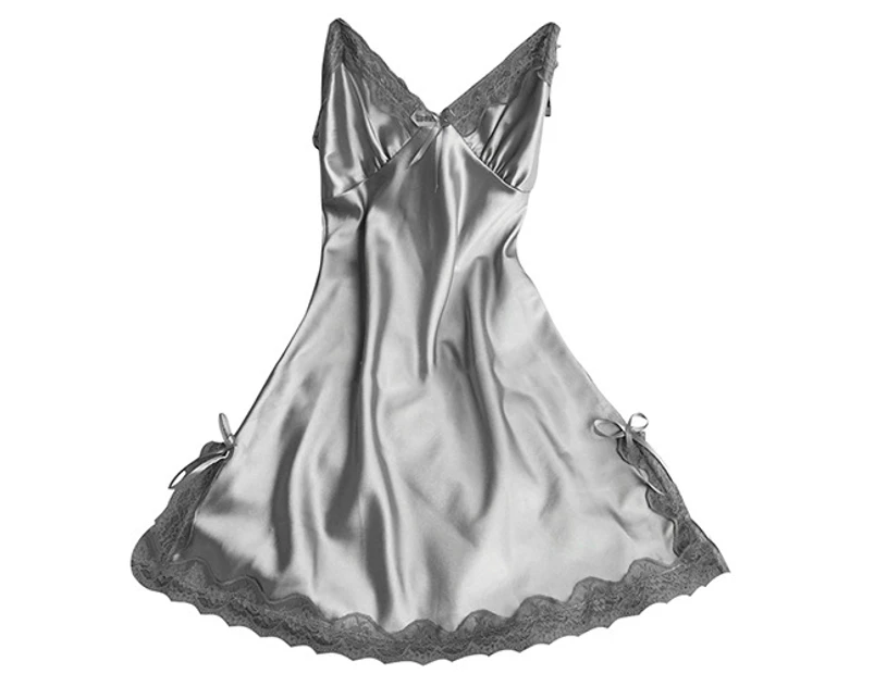 Women graceful Breathable Lace Robe Dress Babydoll Nightdress Nightgown Sleepwear-Grey