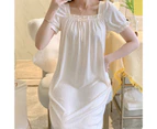 Women Sleeping Rope Solid Color Pullover Comfortable Knee Length Breathable Loose Shirring Short Sleeves Sweet Style Lady Nightdress Women Clothes-White