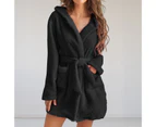Women Night Gown Solid Color with Hat Long Sleeve Above Knee Comfortable Plush Thick Cardigan Hooded Women Sleeping Gown for Home Wear-Black