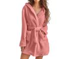 Women Night Gown Solid Color with Hat Long Sleeve Above Knee Comfortable Plush Thick Cardigan Hooded Women Sleeping Gown for Home Wear-Pink