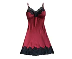 Women Nightdress Contrast Colors Stain Lace Patchwork Women Nightie for Sleeping-Red