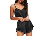 2Pcs/Set graceful Sleepwear Set Pullover Plus Size Flounced Edge Sling Shorts Women Accessory -Black