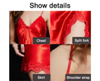 V-Neck Design Comfortable Ice Silk Women Lace Chemise Nightgown Sexy Slips Sleepwear Home Sling Lace Nightdress - Red