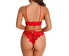 2 Piece Women Sexy Lace Lingerie Set Mesh Bra and Panty Lingerie Strap Babydoll Strappy Lace Lingerie - Red