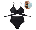 Women's High Waisted Bandage Bikini Set Wrap Two Piece Push Up Swimsuits Cross Pattern Women's Swimwear - Black