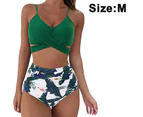 Women's High Waisted Bandage Bikini Set Wrap Two Piece Push Up Swimsuits Cross Pattern Women's Swimwear - Green leaves