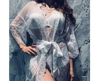Women's Lingerie Lace Kimono Sexy Dress Wide Sleeves Sexy Lingerie Set Negligee Underwear Outfit Transparent Cover Up Dressing Gown with Satin Belt - White