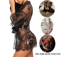 Women's Lingerie Lace Kimono Sexy Dress Wide Sleeves Sexy Lingerie Set Negligee Underwear Outfit Transparent Cover Up Dressing Gown with Satin Belt - Black