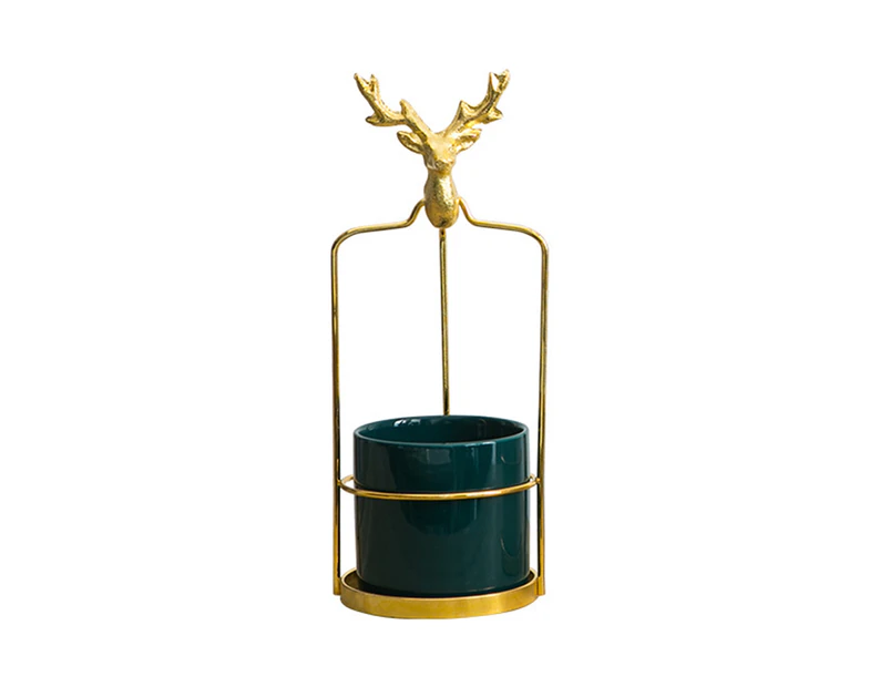 Flowerpot Sturdy Decorative Ceramic Deer Head Iron Frame Plant Pot for Garden-Blackish Green S