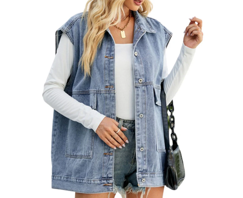 Sleeveless Denim Jacket with Front Pockets - Navy Blue