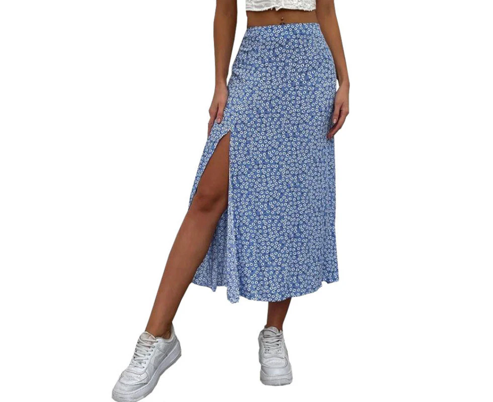 Printed Floral Skirt With Slit - Dark Blue