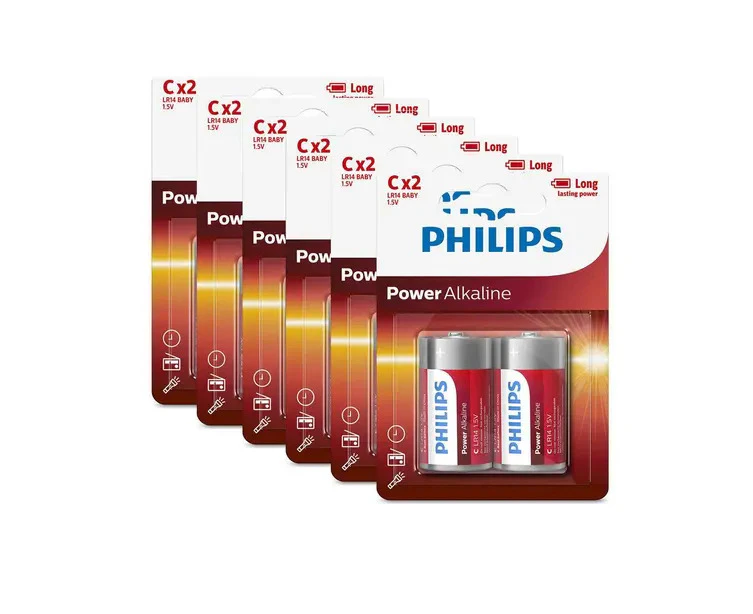 12 Pcs Philips 1.5v Lr14 C Alkaline Low Drain Single Use Long Lasting Batteries