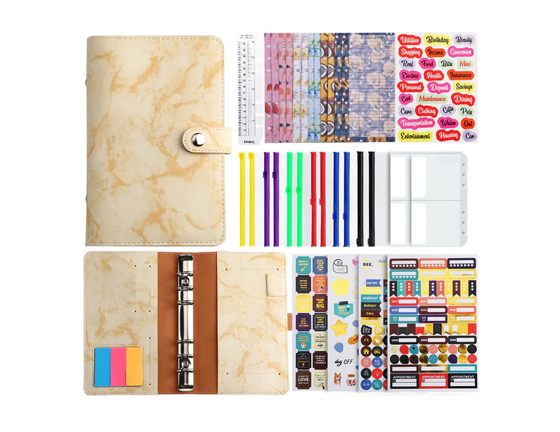 1 Set A6 Budget Binder Thick Paper Waterproof Buckle Tear-resistant Dust-proof Faux Leather Marble 6-Ring Money Budget Organizer Office Supplies-Yellow