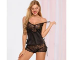Pajamas Set Backless See Through Polyester Lace Camisole Shorts Babydoll Nightdress for Summer-Black