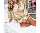 Pajama Set Short Sleeve Charming Women O Neck Sleepwear for Bedroom-Khaki