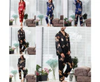 Men Women Imitation Silk Dragon Print Shirt Pants Couple Sleepwear Pajama Set-Black
