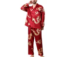 Men Women Imitation Silk Dragon Print Shirt Pants Couple Sleepwear Pajama Set-Wine Red