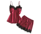 Women Lace V-Neck Backless Two-Piece graceful Underwear Bodysuit Strappy Sleepwear-Wine Red