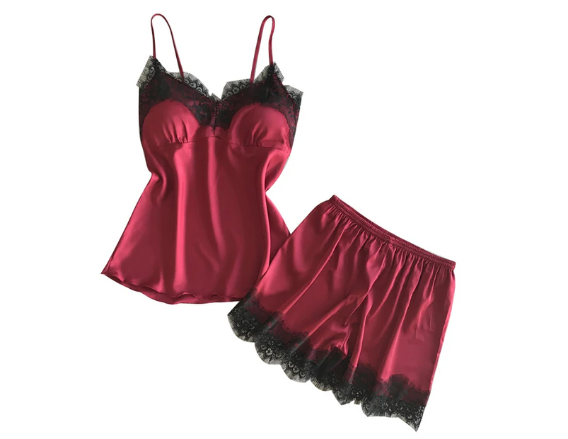 Women Lace V-Neck Backless Two-Piece graceful Underwear Bodysuit Strappy Sleepwear-Wine Red