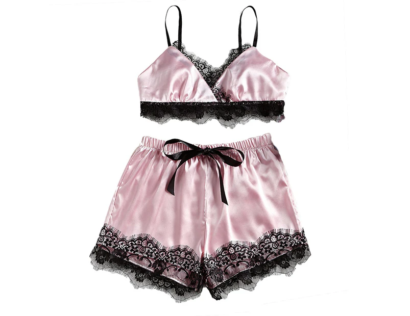 Women graceful Lace Patchwork Sleepwear Set Spaghetti Straps Bra Elastic Bow Shorts-Pink