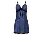 Women graceful Floral Lace Trim Bowknot Dress Sleepwear Spaghetti Strap Nightwear-Blue