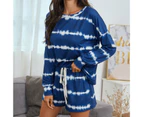 Women Home Wear Lady Pajamas Suit Tie-dye Long Sleeve T-shirt Shorts Sleepwear-Black