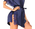 Women Nightdress Solid Color Lace Patchwork V Neck Above Knee Nightwear Night Dress with Belt for Home-Royal Blue