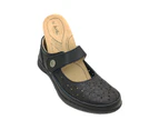 Just Bee Cada Ladies Shoes Leather Upper Casual Flats Removable Insole Adjustable - Black