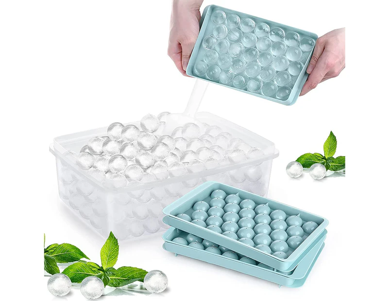Round Ice Cube Tray With Lid Ice Ball Maker Mold For Freezer With Container Mini Circle Ice Cube(3 Blue Trays)