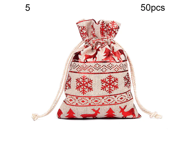 50Pcs Christmas Candy Bag with Drawstring Reusable Fabric New Year Storage Gift Pouch for Festival-8#