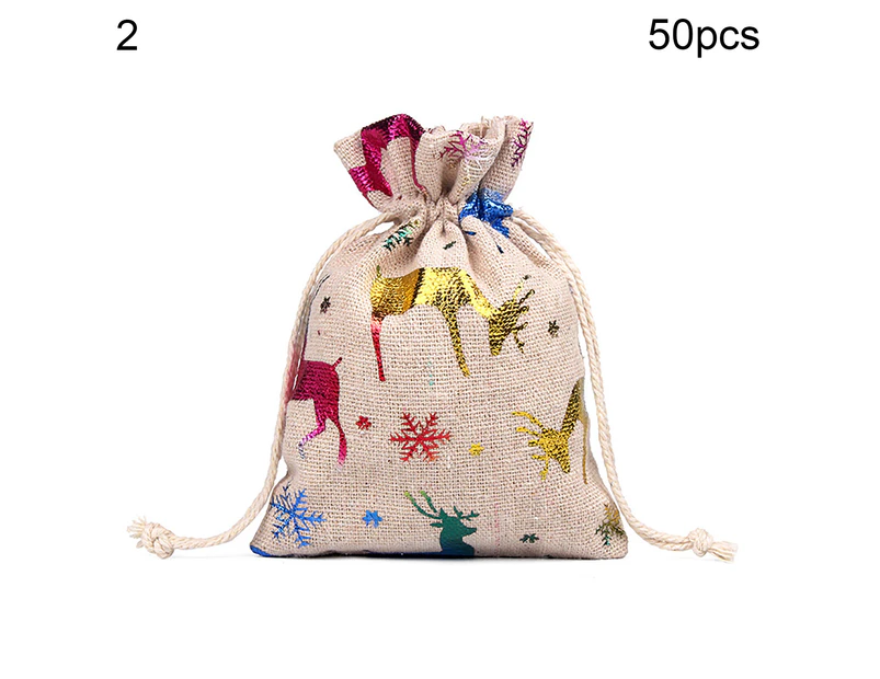 50Pcs Christmas Candy Bag with Drawstring Reusable Fabric New Year Storage Gift Pouch for Festival-5#