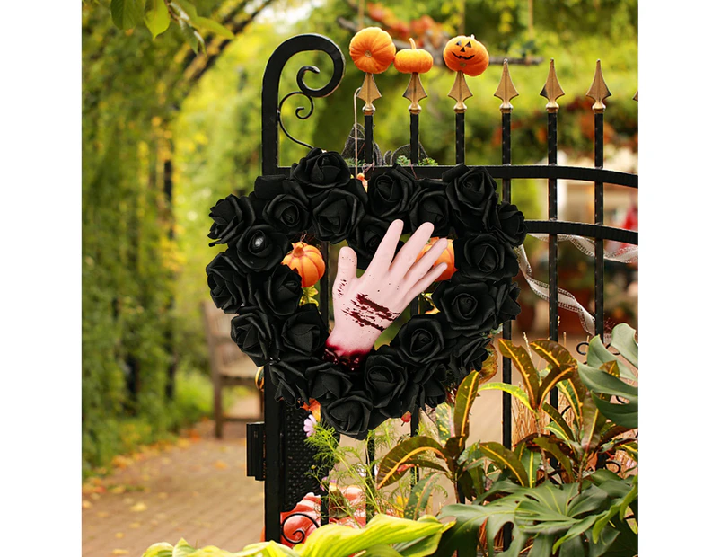 Simulation Wreath Reusable Heart Shape Scary Red Hand Rose High Simulation Enhance Atmosphere Plastic Creepy Party Decorative Wreath for Halloween-Black