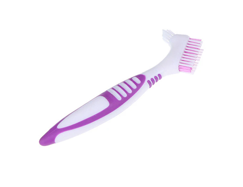 Double Side Denture Toothbrush Ergonomics Handle Plastic Multi Layered Bristles False Teeth Oral Care Brush for Home Use-Purple