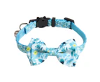Kitten Collar Bowknot Decor Floral Printing Bells Buckle Cat Dog Collar Safety Belt for Daily Wear -Blue