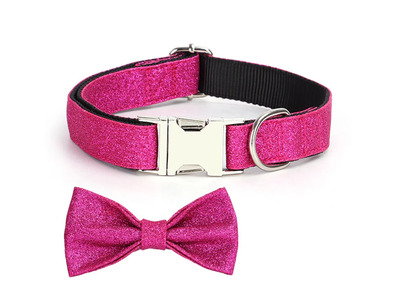 Dog Necklace Adjustable Self-engraving Exquisite Workmanship Universal Convenient Dress Up Nylon Sequin Bow Pet Dog Collar for Christmas-Rose Red S