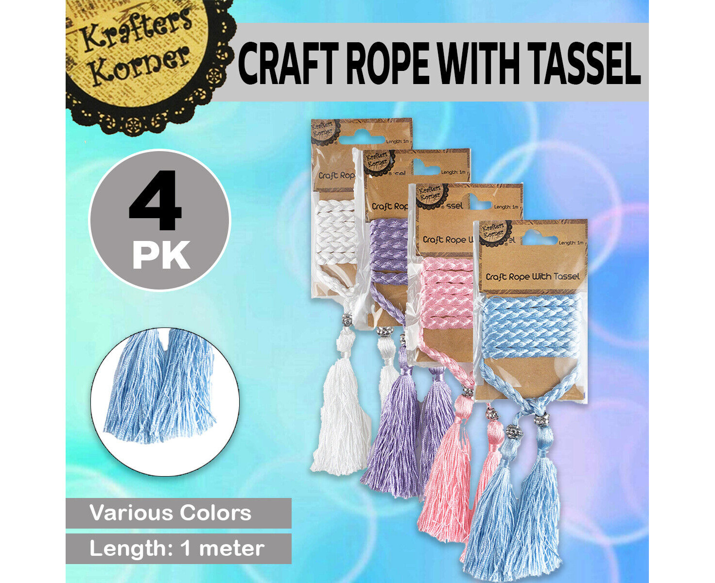 Krafters Korner [4PK] Craft Rope With Tassel, Made Of Natural Material, 1M