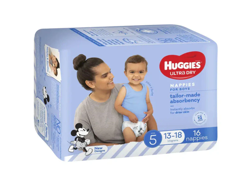 Huggies Ultra Dry Walker Nappies Boy Size 5 Disposable Nappy Pants Pads 16 Pack
