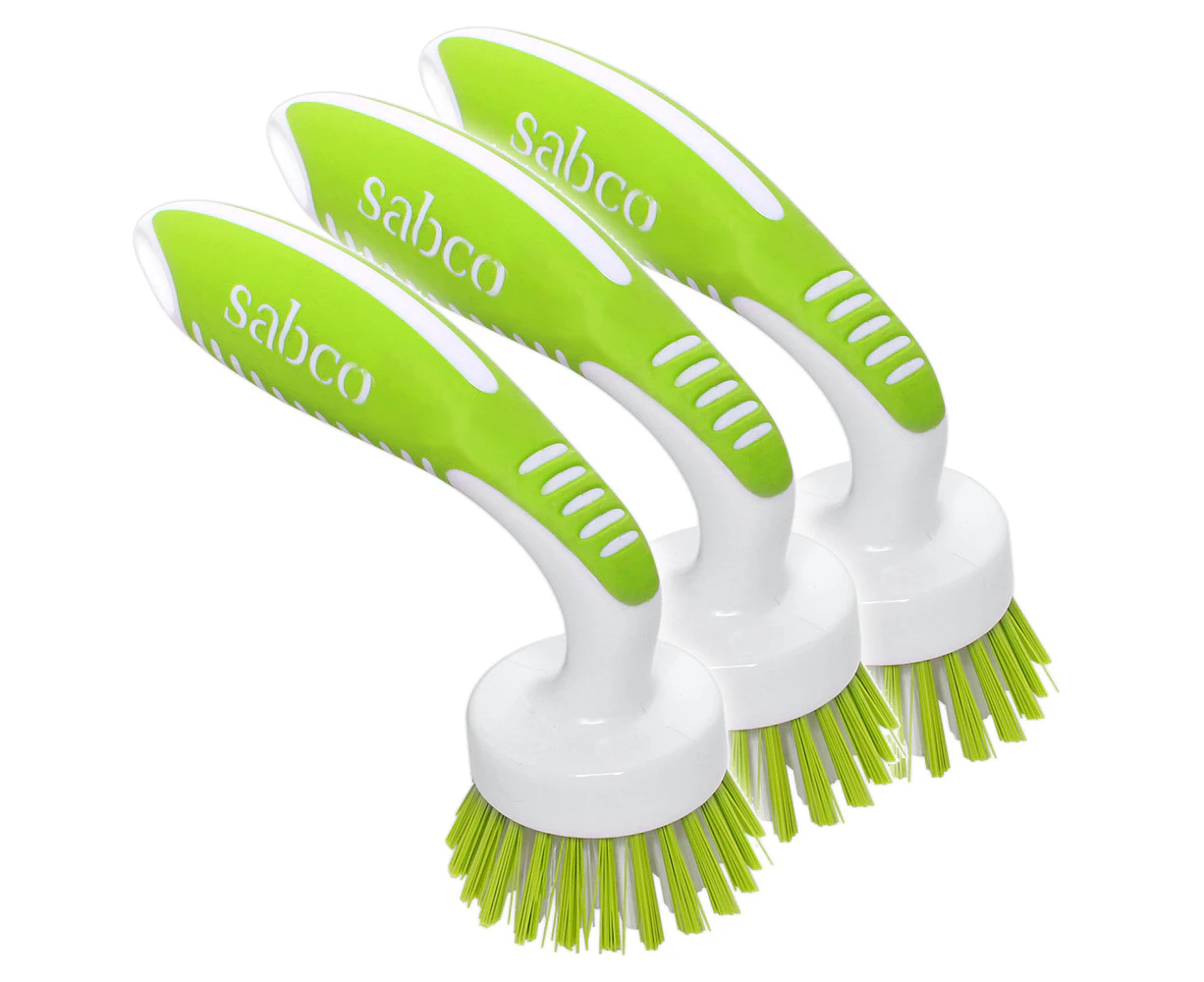 3x Sabco Curved Head Kitchen Brush Dirt/Grime Cleaning/Scrubbing Durable GRN/WHT