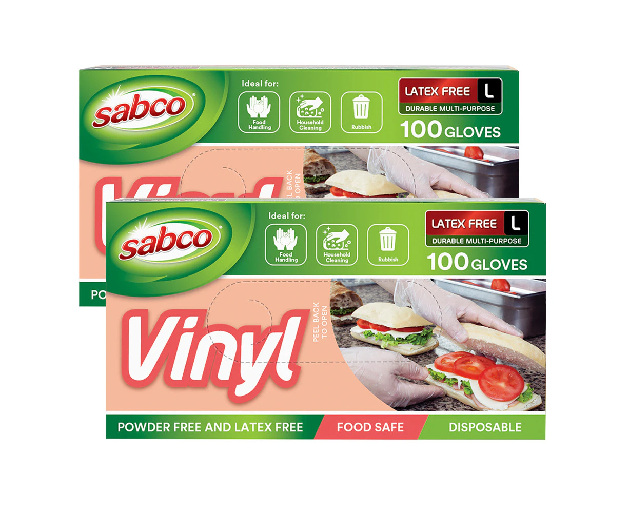 200pc Sabco Multi-Purpose 23cm Disposable Vinyl Latex-Free Gloves Large White