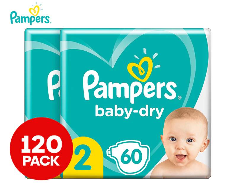 2 x Pampers Baby-Dry Size 2 4-8kg Diapers / Nappies 60pk
